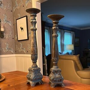 Vintage Wooden Candle Holders - Teal and Brown